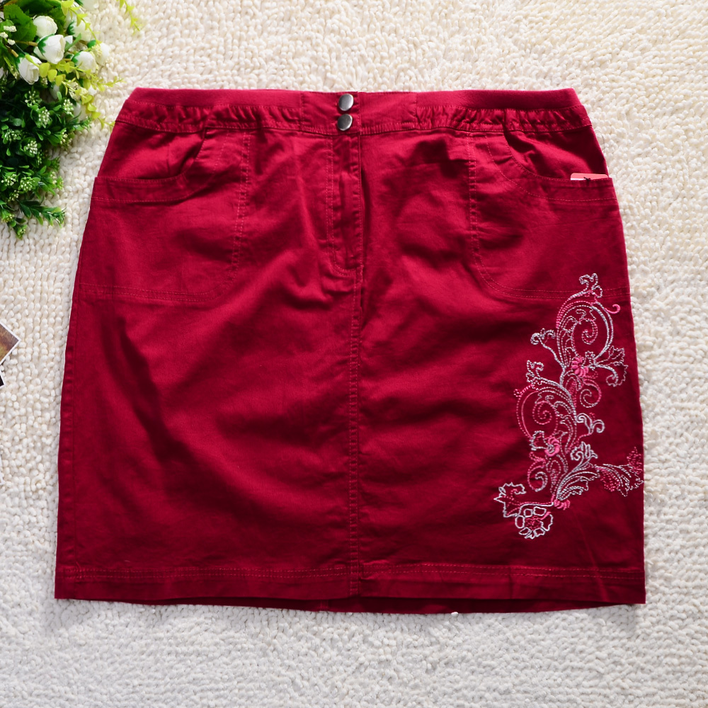 时尚休闲新款纯色与绣花两口袋及膝裙女铅笔裙 (3)