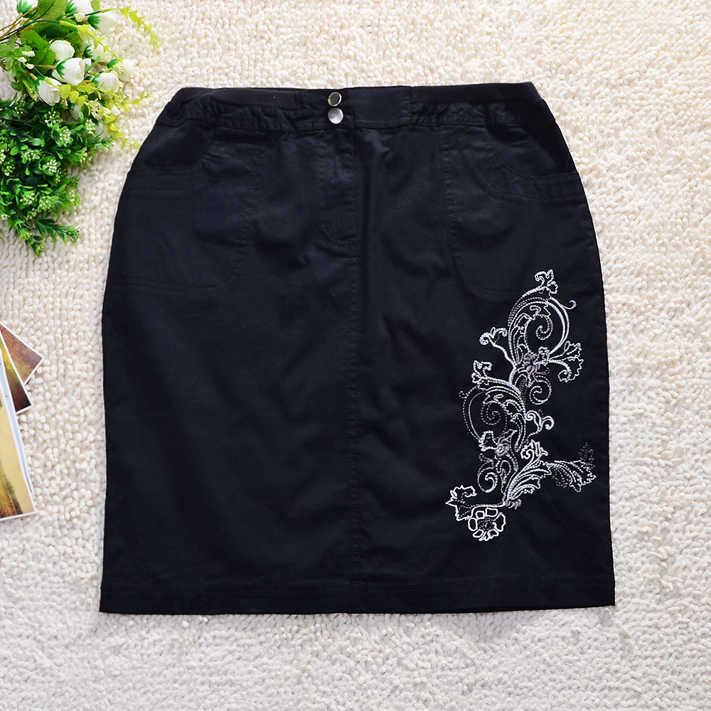 时尚休闲新款纯色与绣花两口袋及膝裙女铅笔裙 (2)